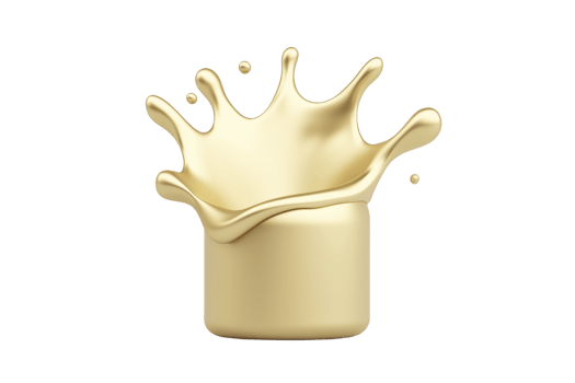 A golden splash crown emerges from smooth, cylindrical base, creating dynamic and luxurious visual. metallic sheen and fluid form evoke elegance and motion png