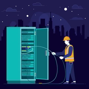 Network technician connecting cables to server rack at night cityscape flat design illustration vector