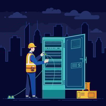 Technician connecting cables to server rack in dark cityscape minimal flat illustration vector