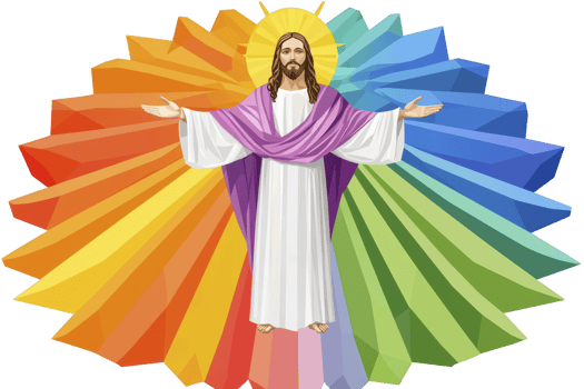 A serene depiction of religious figure with outstretched arms, wearing white robe and purple sash, is set against vibrant, multicolored geometric background. image conveys sense of peace png