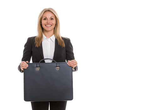 A smiling woman in business suit holds large black briefcase, standing confidently against plain background. Her professional attire and cheerful demeanor suggest readiness for work or meeting png