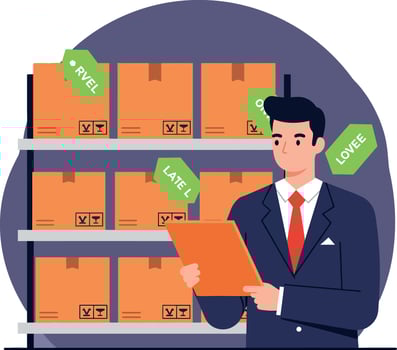 Man in business suit checking inventory with clipboard in warehouse flat design illustration vector