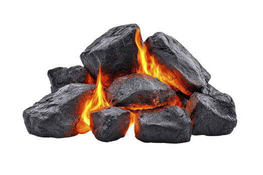 A pile of black coal rocks with bright orange flames burning intensely, creating warm and energetic atmosphere. fiery glow contrasts with dark, rugged texture of coal png