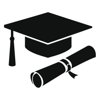 Graduation cap and diploma scroll black and white illustration vector
