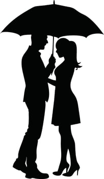 Silhouette of elegant couple sharing an umbrella during romantic rainfall moment vector