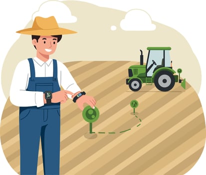 Farmer in straw hat with smartwatch controlling green tractor on plowed field flat illustration vector