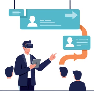 Businessman wearing virtual reality headset presenting digital interface with user profiles in flat design illustration vector