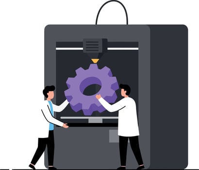 Two male engineers operating large 3D printer producing purple gear in flat modern illustration vector