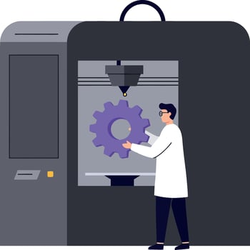 Man operating industrial 3D printer creating purple gear detailed flat illustration vector