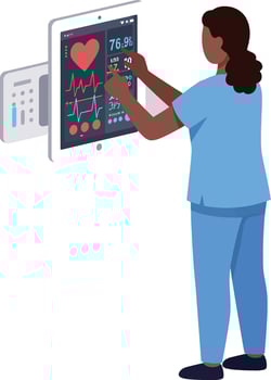 Female healthcare professional interacting with digital heart monitor flat design medical illustration vector
