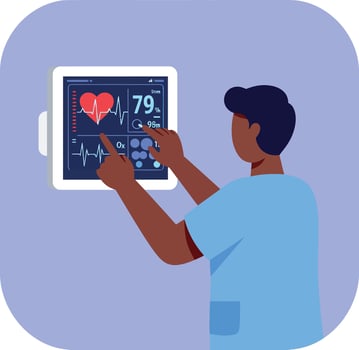 Medical technician monitoring heart rate on digital screen flat design healthcare illustration vector