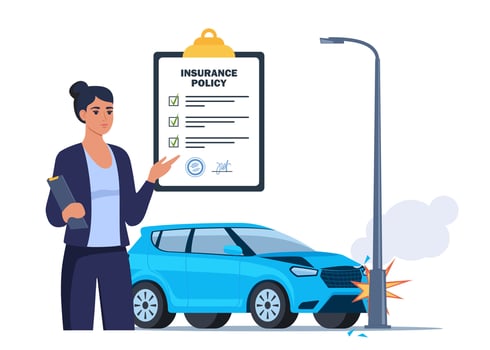 Car insurance coverage concept. Damaged vehicle, insurance police, insurance agent character. Car breakdown on the road. Automobile protection, security, safety. illustration. vector