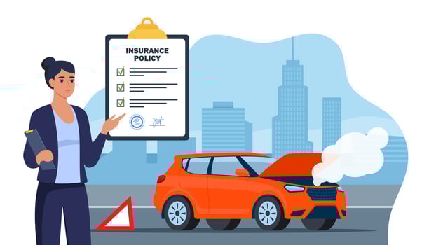 Car insurance coverage. Damaged vehicle, insurance police, insurance agent character. Car breakdown on the road. Automobile protection, security, safety vector