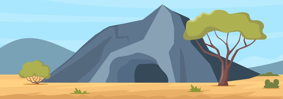 Entrance to stone cave. Old cave in rock on yellow soil with black passage to dark undergroun vector