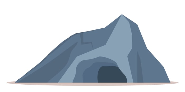 Entrance to stone cave. Old cave in rock on yellow soil with black passage to dark underground. illustration. vector