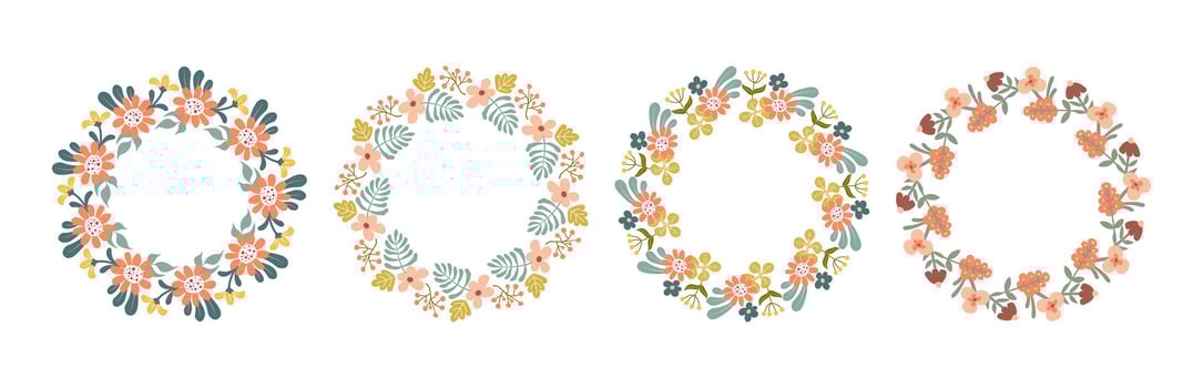Set of abstract floral wreaths in doodle folk style. Warm vintage coral, mustard, sage, terracotta colors. Ideal for wedding invites, greeting cards, logo design, packaging, and stationery. vector