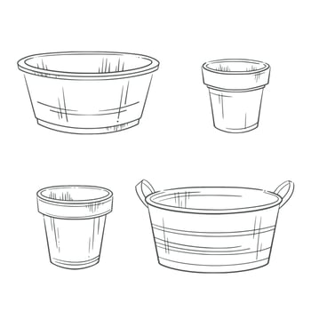 Flowerpots and aluminium basins. Gardening line clipart. Perfect for house decor, interior home design, country themes, planting, and botanical set. Seasonal signs, rustic stickers, symbols. vector