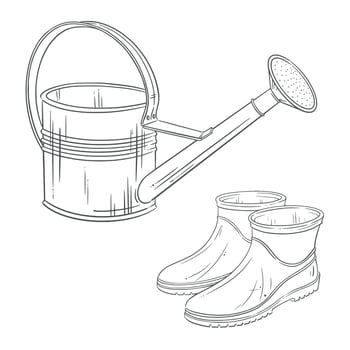 Aluminum watering can and resin gardening boots clipart. Summer graphic illustration. Perfect sketch for farm, backyard, garden care, outdoor theme, seasonal spring decorations, sign vector