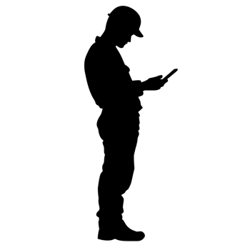 silhouette of person wearing hard hat and holding tablet, suggesting construction or engineering professional. figure is standing and appears to be focused on device png