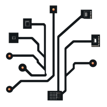 digital circuit board design with interconnected pathways and nodes, representing technology and connectivity. layout is abstract, with lines and dots symbolizing electronic components and data png