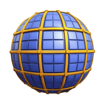 3D sphere with grid pattern features blue panels and yellow borders, creating futuristic and geometric design. reflective surface adds modern and dynamic feel png