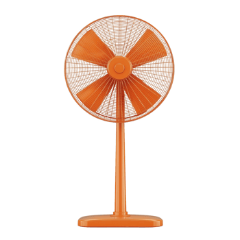 orange standing fan with mesh grille and adjustable height, designed for cooling and air circulation in indoor spaces. vibrant color adds modern touch to home decor png