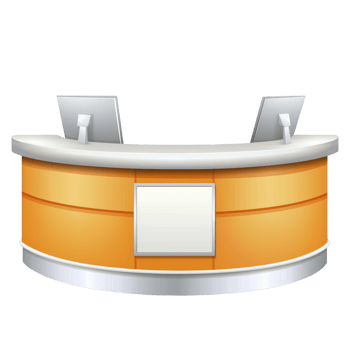 modern, curved reception desk with two computer monitors, featuring sleek orange and white design, ideal for office or hotel lobbies png
