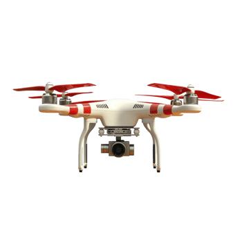 white and red quadcopter drone with mounted camera is shown against plain background, highlighting its sleek design and advanced technology png