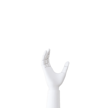 white robotic hand is reaching upwards against plain background, showcasing advanced technology and innovation. sleek design highlights intersection of engineering and modern aesthetics png
