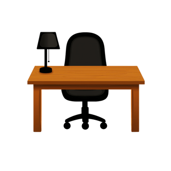 wooden desk with black office chair and lamp creates simple and professional workspace. setup is ideal for home office or corporate environment png