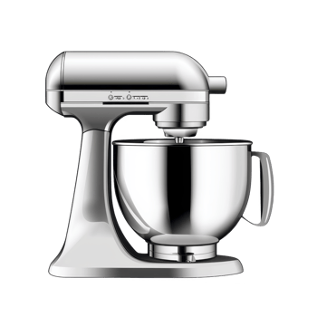 sleek silver stand mixer with shiny metal bowl, perfect for baking and cooking enthusiasts. mixer features modern design with multiple speed settings for versatile use png