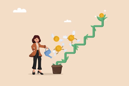 Businesswoman Growing Investment and Financial Success Concept of Wealth Growth and Money Development. vector