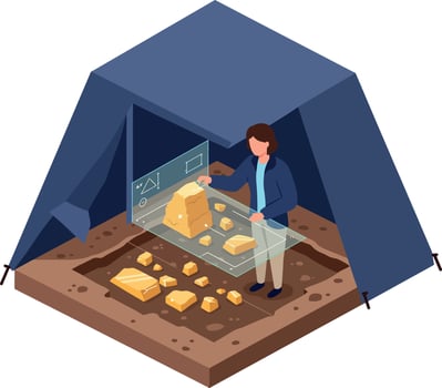Archaeologist examining golden artifacts inside blue tent detailed isometric flat illustration vector