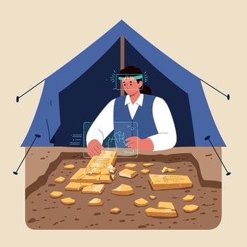 Archaeologist examining ancient pottery shards with digital tablet inside blue tent flat design illustration vector
