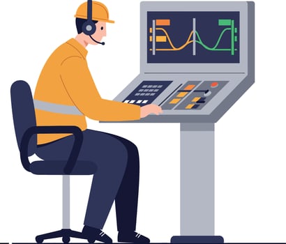 Male industrial worker operating control panel with headset in flat minimal art vector