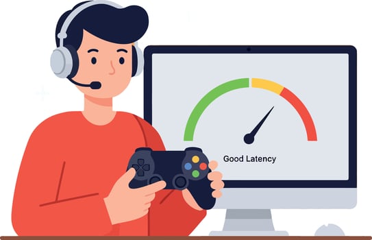 Young man playing games with headset and controller near computer showing latency gauge flat design illustration vector