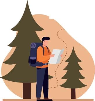 Male hiker with backpack reading map in flat design standing near pine trees outdoor illustration vector
