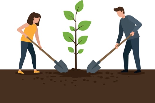 Young man and woman planting tree together outdoors with shovels flat minimal illustration vector