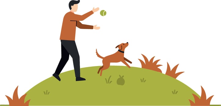 Man playing with energetic dog on grassy hill in minimal flat style illustration vector