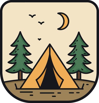 Camping tent between pine trees under crescent moon and flying birds flat design illustration vector