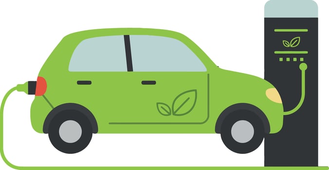 Green electric car charging at station with leaf design flat eco-friendly illustration vector