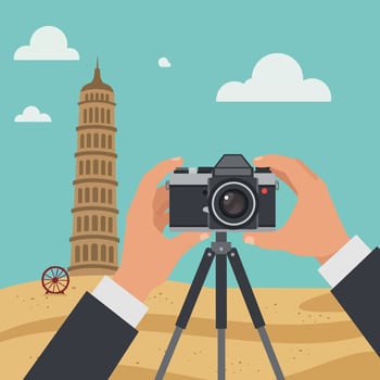 Hands holding vintage camera on tripod capturing Leaning Tower of Pisa flat design illustration vector
