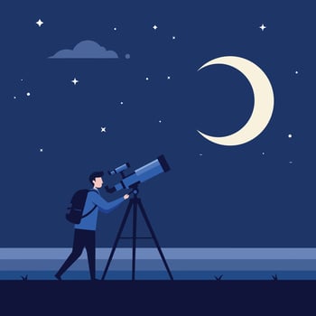 Young man observing night sky through telescope under crescent moon stars flat illustration vector