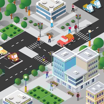 Isometric city street with people walking and cars driving vector
