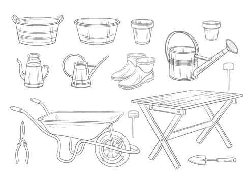 Gardening equipment and tools. Large seasonal garden clipart - table, wheelbarrow, watering cans, basins, ceramic flower pots, trowel, shears and rubber boots Perfect for spring or summer decor vector