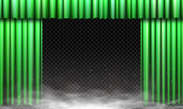 Open green luxury curtain with spotlight, smoke and fog on elegant stage. velvet drapes, texture and sparkles. Perfect for festive show, film, retro performance or product reveal. vector