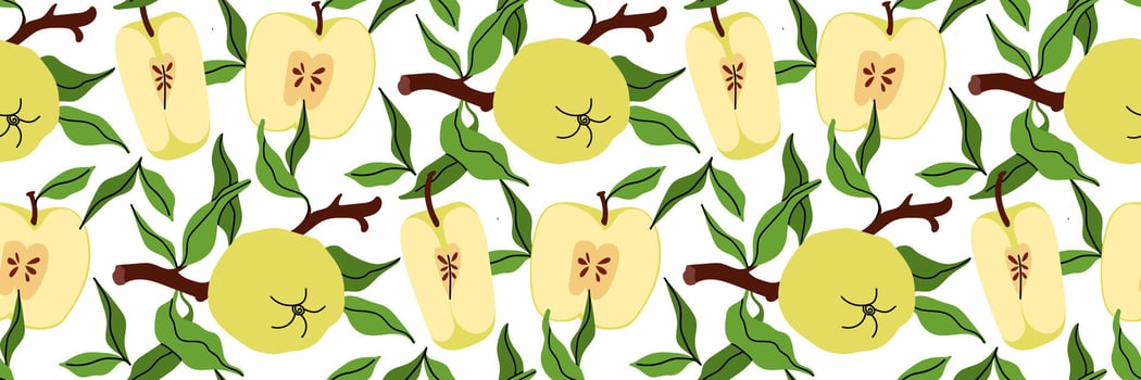 Bright seamless pattern with whole and cut green apples, leaves and branches. Spring garden background. Perfect for textile, menu, packaging, kitchen design. Flat illustration. vector