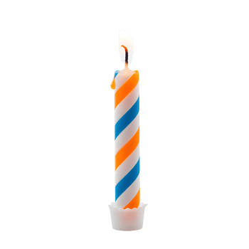 Orange and Blue Striped Birthday Candle with Lit Flame on Transparent Background png