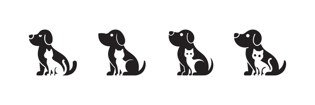 Dog and Cat Sitting Together Icon Set in Solid Pet Silhouette Style vector