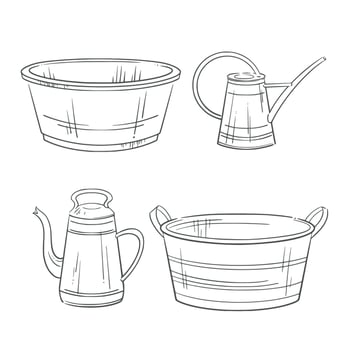Aluminum watering cans and basins. Watering garden tools. line illustration of gardening equipment. Perfect for spring planting, farming themes. Ideal for eco design, seasonal summer decor vector